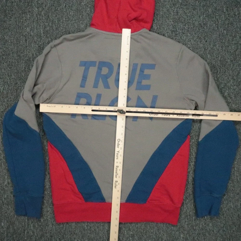 True Religion Hoodie Mens Medium Red Blue Chevron Full Zip Pockets Hooded Jacket